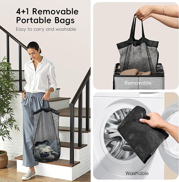 Laundry Hamper 4-Section with Lid, 185L Laundry Sorter with 4 Removable Bags + 1 Extra Large Bag, Switchable 3/4 Compartment, Laundry Basket Organizer for Bedroom, Laundry Room，Grey - Image 5