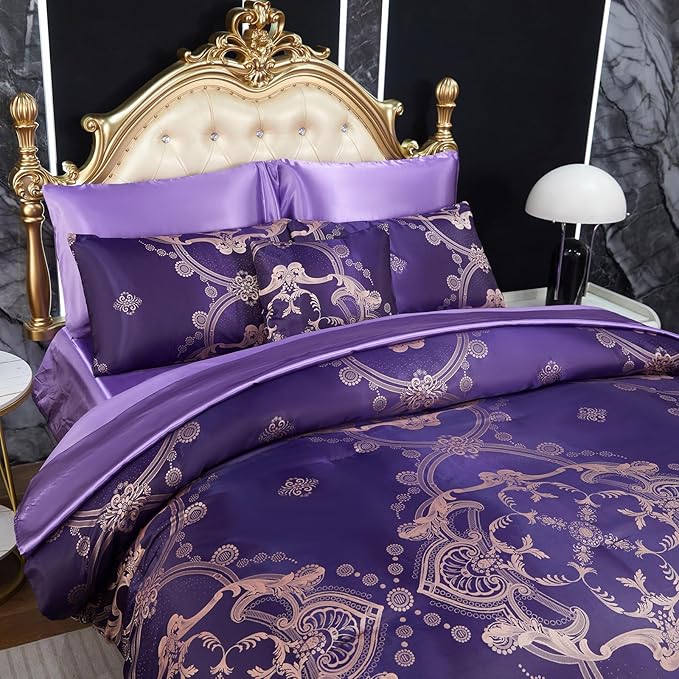 Purple Jacquard Comforter King Bedding with Satin Sheet Set Royal Embroidery Neoclassical Floral Home Decor Soft Luxury Hotel Bed in a Bag 8 Pcs