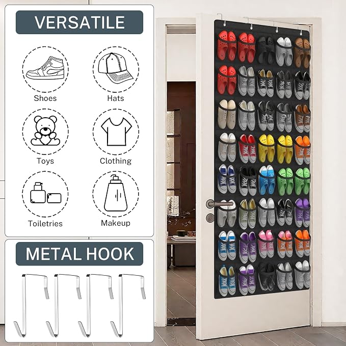 Over the Door Shoe Organizer,40-Pocket Hanging Shoe Rack for Closet Door,Shoes Storage Holder Hanger with Large Mesh Pocket for Women Men Shoes,Flip Flops(Black) - Image 2