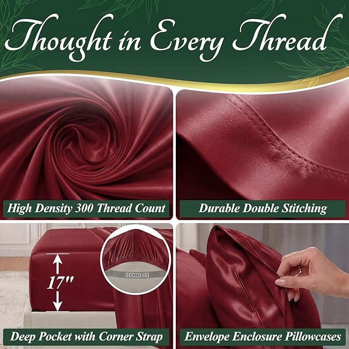 DECOLURE 100% Viscose Derived from Bamboo Sheets Twin Size - Luxury 4 Pc Naturally Cooling Sheets, Ultra Soft Bed Set - Deep 17" Pockets, Durable Double Stitching, Oeko Tex Standard (Burgundy)
