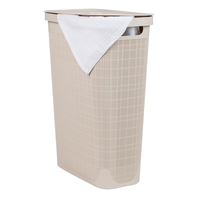 Mind Reader Slim Laundry Hamper with Lid, 40L Clothes Basket, Linen Design, Plastic, Ivory by MindReader