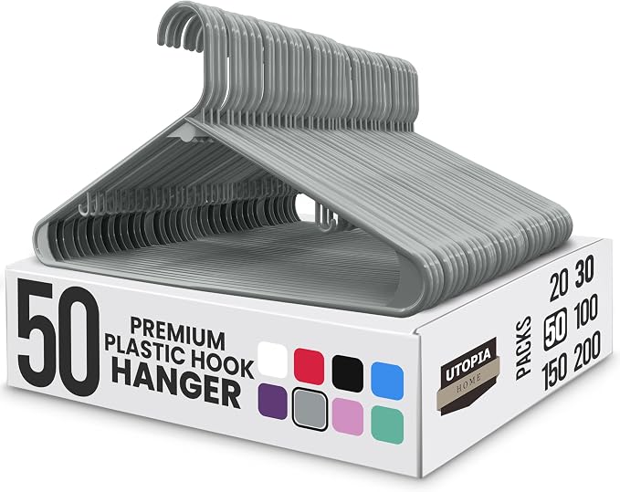 Utopia Home Plastic Hangers 50 Pack - Space Saving Clothes Hanger - Durable & Strong Closet Organizers and Storage with Built-in Strap Hooks - Essential for Shirts, Pants, Skirts & Coats (Grey) by UTOPIAHOME