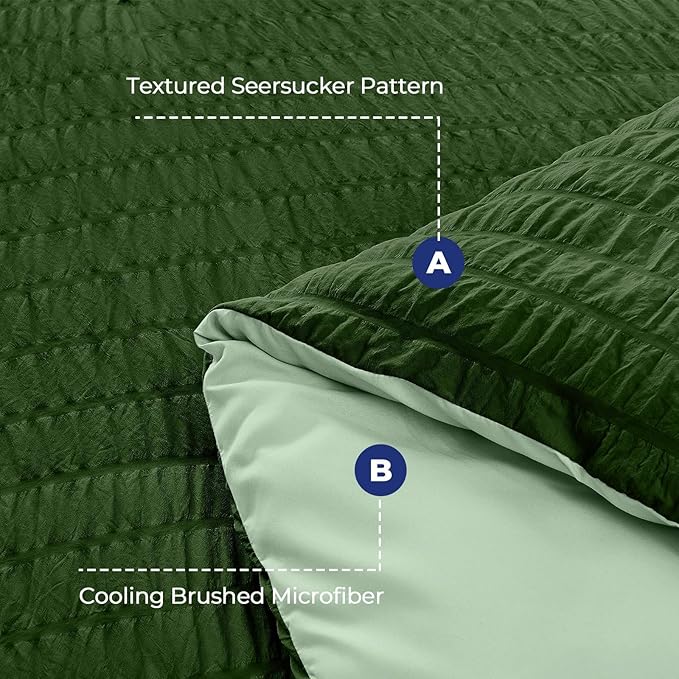 HYMOKEGE Dark Green/Sage Green King Size Comforter Set Seersucker 7 Pieces, All Season Luxury Bed in a Bag for Bedroom, Bedding Set with Comforter, Sheets, Pillowcases & Shams