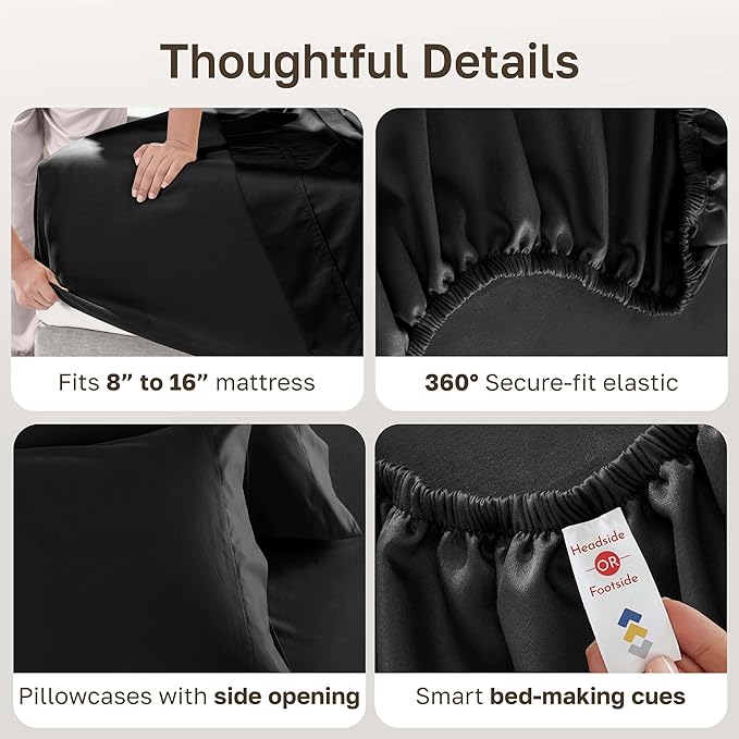 California Design Den Queen Sheet Set - Luxury 600 Thread Count Sateen, Natural 100% Cotton Sheets Queen, Fully Elasticized Deep Pockets, Crisp, Cool and Durable Bedding - Black