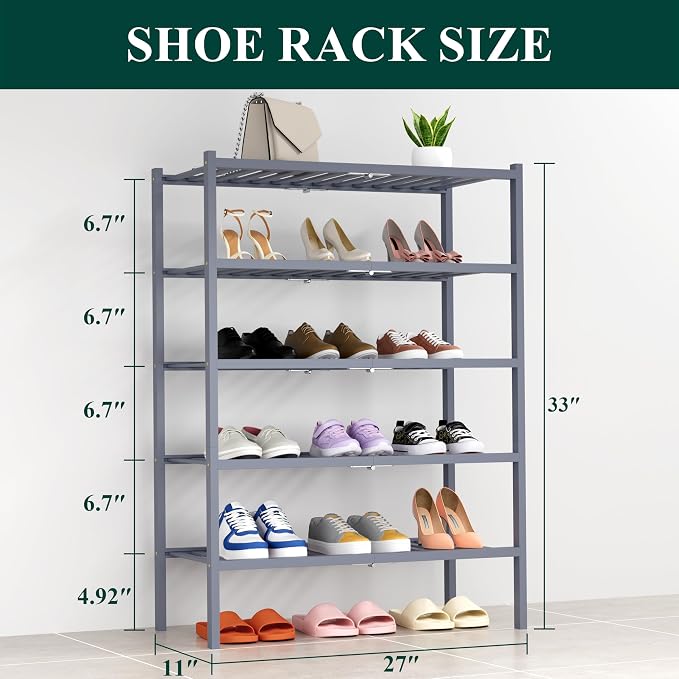 Smiry Shoe Rack, 5 Tier Thick Bamboo Shoe Organizer, Stackable Free Standing Wooden Shoe Storage Shelf for Closet, Entryway, Front Door Entrance, Grey - Image 2