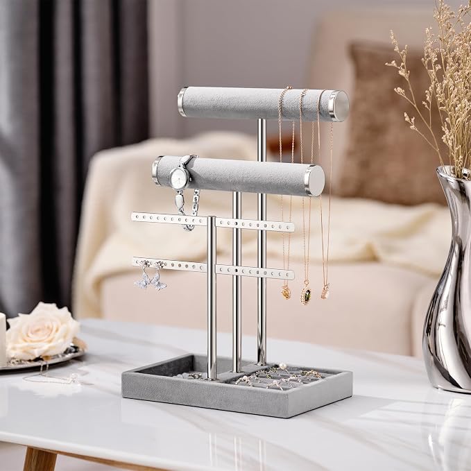 bussdis 3 Tier Bracelet Holder Display - Detachable T Bar Grey Velvet Bracelet Holder, Jewelry Holder Organizer for Bracelet, Necklace, Earrings, Rings - Image 3