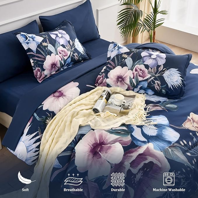 Luxudecor Floral Comforter Set King Size 7 Piece, Navy Flower Bed in a Bag, Elegant Comforter Bedding Set for All Season (Navy, 104"x90")