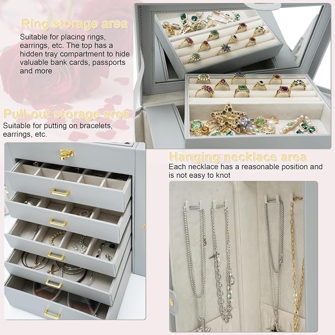 AKOZLIN Extra Large 6-Tier Jewelry Box Organizer Functional Huge, 5 Drawers Leather Jewelry Storage Case for Women Girls Ring Necklace Earring Bracelet Holder Organizer with Mirror Grey - Image 2