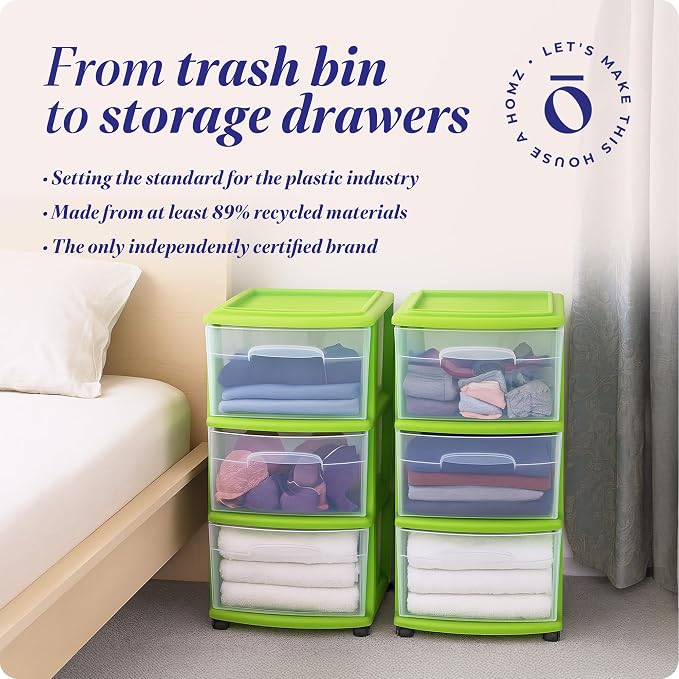 HOMZ 2-Pack Drawer Tower, 3-Tier Clear Plastic Storage Organizer Cart, Bold Lime Frame - Organizing Containers with Wheels for Home, Bathroom, Bedroom, Office, and Classroom - Image 7