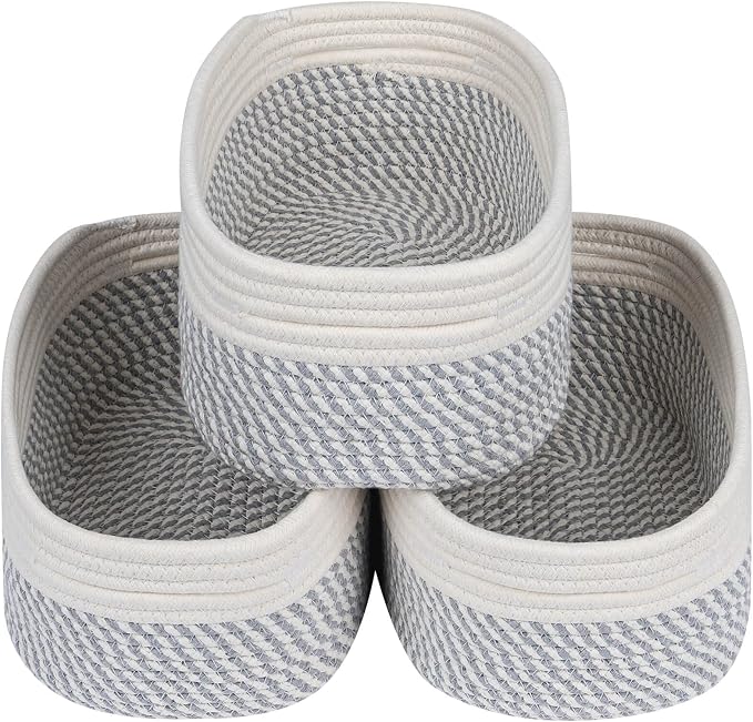 CubesLand Small Baskets, Storage Baskets for Organizing Shelves, Rectangular Woven Storage Basket Natural Cotton Rope Bins Closet Baby Nursery Empty Gifts Basket Off White/Mixed Gray by CubesLand