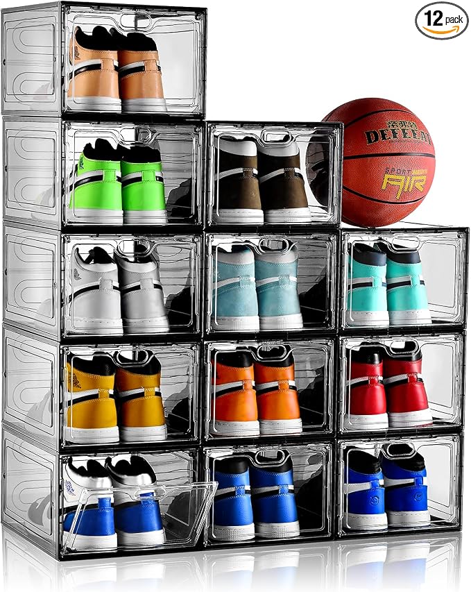 INSTY 12 Pack Gray Transparent Shoe Storage Organizer, Stackable Shoe Boxes for Closet, Drop Front Plastic Shoe Box with Grey Door, Easy to Assemble, Fit up US Size 12(13.4”x 9.8”x 7.1”) by INSTY
