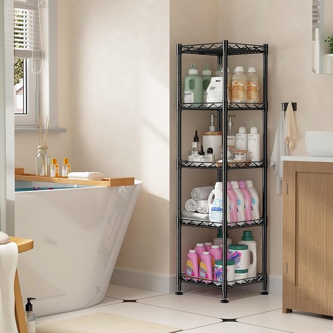 DurayLoly Set of 2 Storage Shelves-5 Tier Metal Shelving Adjustable Wire Shelves Standing Shelf Units Narrow Shelf for Kitchen Pantry Closet Office 12''Wx12''Dx49''H Black - Image 2