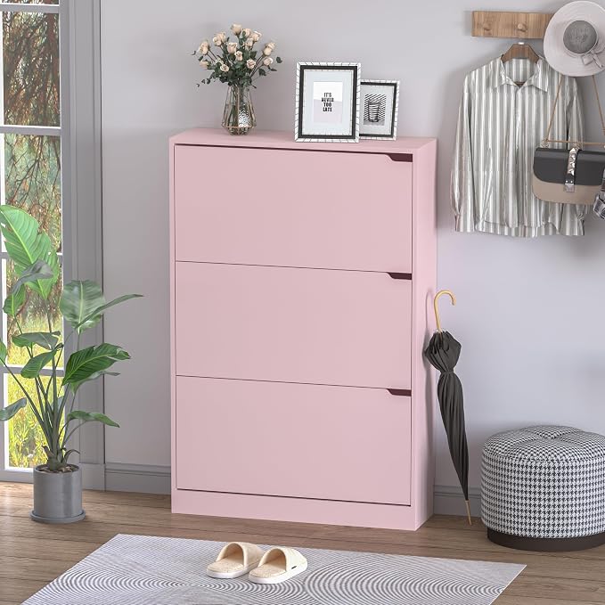 BORNOON Shoe Cabinet with 3 Flip Drawers, Hidden Wood Shoe Cabinet,Freestanding Shoe Storage Cabinet for Entryway Hallway.White. 47.2" H*31.5" W*9.45" D (Pink) - Image 3