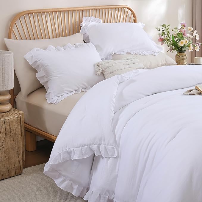 JANZAA Twin Comforter Set White Comforter Ruffled Comforter Set Soft Twin Size Bed Set Vintage Farmhouse Bed Comforter Set Fluffy Shabby Chic Bedding with 1 Pillowcase