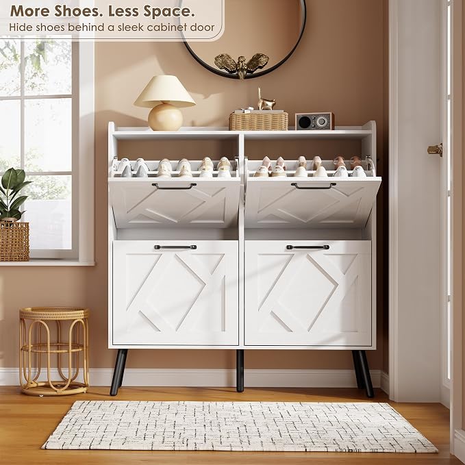 Nicetree Shoe Cabinet with 4 Flip Drawers, Freestanding Shoe Organizer Cabinet with Metal Legs, Farmhouse Slim Shoe Rack Cabinet for Entryway, Foyer, Hallway, White - Image 4