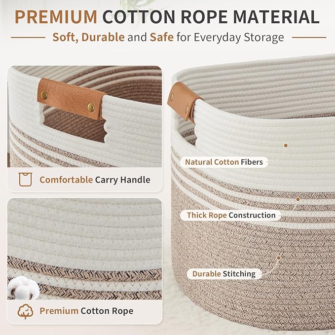Large Woven Laundry Basket Hamper, 72L Cotton Rope Storage Bin for Blankets, Toys, Clothes, Decorative Nursery Hamper for Living Room, Baby Nursery, Bathroom, Bedroom, Kids Storage, Light Brown - Image 3