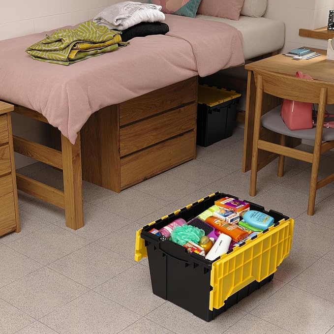 Akro-Mils KeepBox 12 Gallon Storage Container, Nesting and Stackable Plastic Storage Box with Lid Attached, Organizer Tote for Garages, Closets, and Moving, 21-1/2" x 15" x 12-1/2", Black/Yellow - Image 2