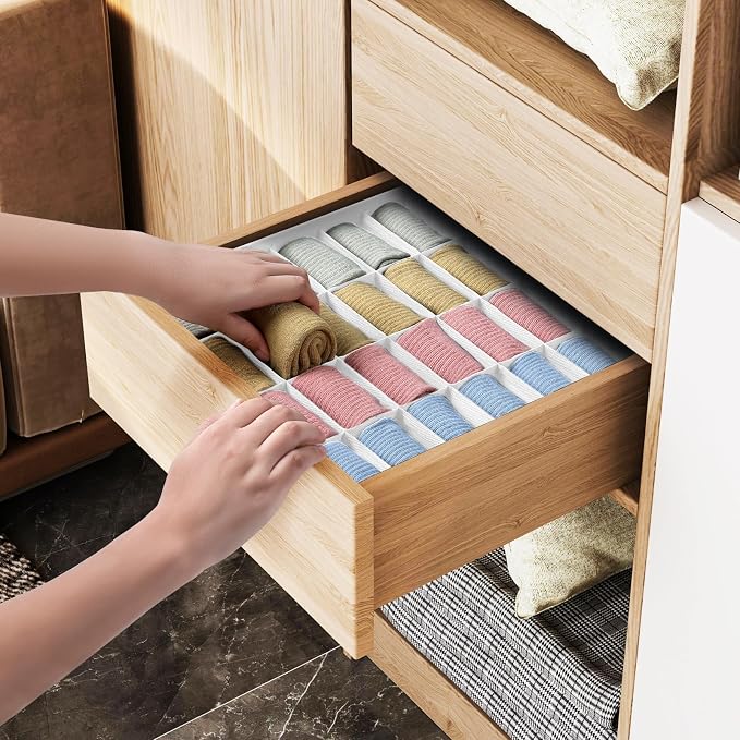 Joyoldelf Sock Organizer Drawer Organizer - 2 Packs Underwear Organizer, 48 Cells Collapsible Closet Organizers and Storage Sock Holders Organizers for Storing Socks, Ties, Belts(White) - Image 5