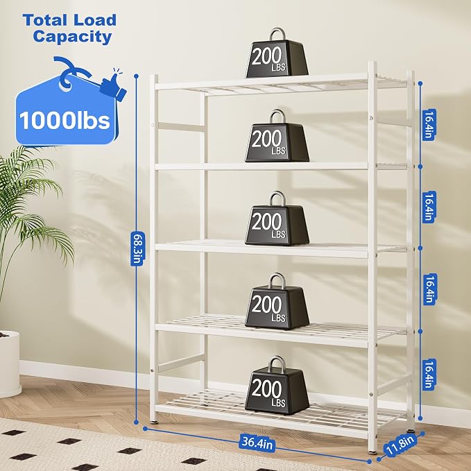 Storage Shelves, 5-Tier Metal Shelving Unit with Adjustable Feet, Shelf Organizer for Garage, Kitchen, Pantry and Closet Organization, 36.4" x 11.8" x 68.3", Cream White - Image 2
