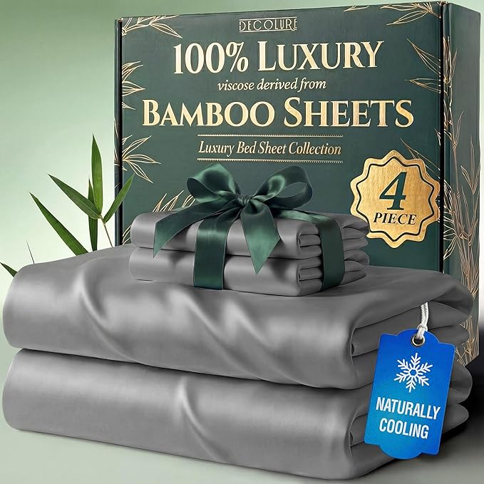 DECOLURE 100% Viscose Derived from Bamboo Sheets Twin Size - Luxury 4 Pc Naturally Cooling Sheets, Ultra Soft Bed Set - Deep 17" Pockets, Durable Double Stitching, Oeko Tex Standard (Light Grey)