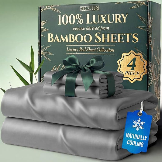 DECOLURE 100% Viscose Derived from Bamboo Sheets Twin Size - Luxury 4 Pc Naturally Cooling Sheets, Ultra Soft Bed Set - Deep 17" Pockets, Durable Double Stitching, Oeko Tex Standard (Light Grey)