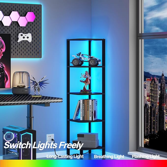 TUTOTAK Corner Shelf with LED Light, 5-Tier Corner Bookshelf for Small Space, Narrow Display Corner Shelf Stand with Storage Rack, for Living Room, Bedroom, Black BS08BK005L - Image 3