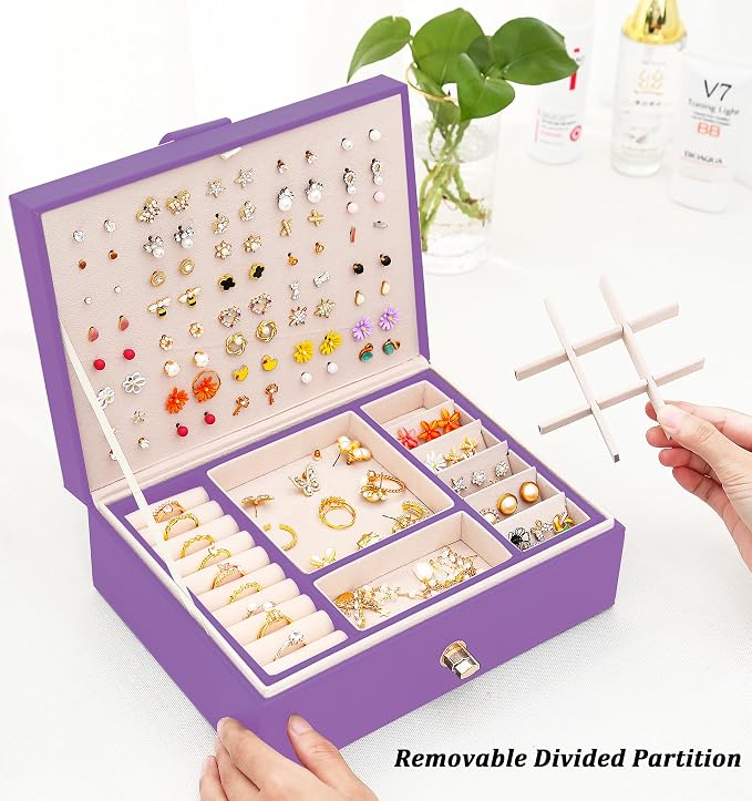 QBestry Girls Jewelry Box for Earrings Jewelry Organizer Box Teen Girls Earrings Organizer Jewelry Box with Earring Holder Organizer Stud Earring Box for Girls Womens Jewelry Case Organizer Purple - Image 4