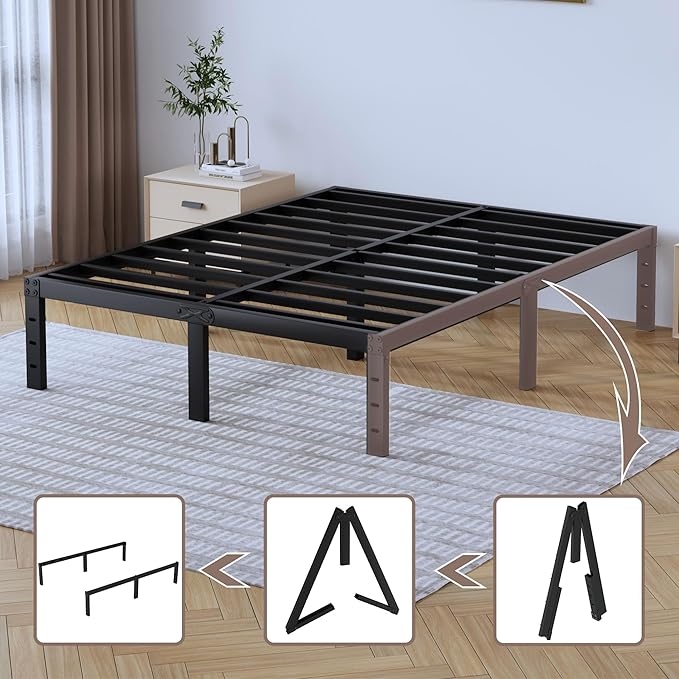 SHOANED Full Metal Bed Frame - 14 Inch Tall Heavy Duty Bedframe Black Basic Steel Slats Platform No Box Spring Needed/Easy Assembly/Noise Free