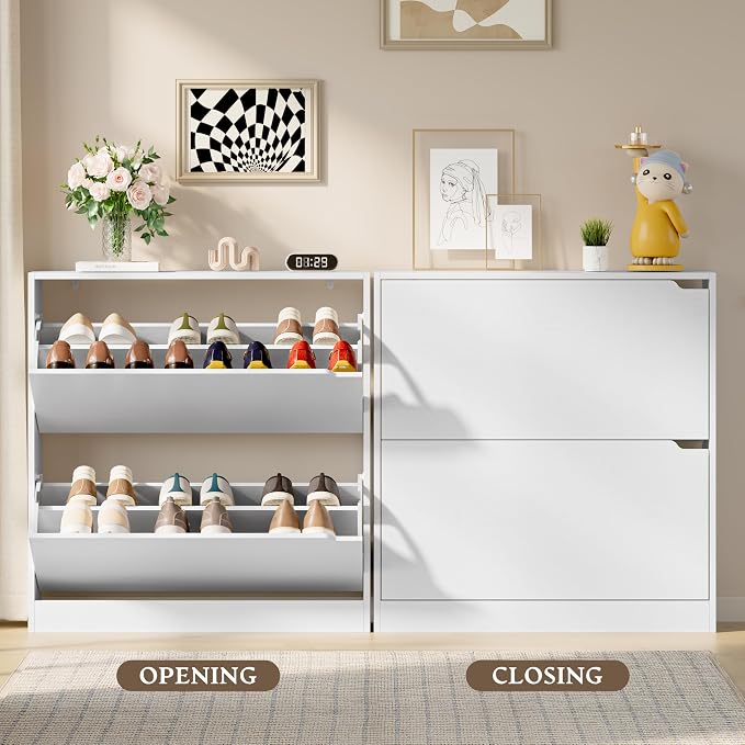 BORNOON Shoe Cabinet with 2 Flip Drawers, Slim Narrow Shoe Storage Cabinet, Freestanding Shoe Organizer with Adjustable & Removable Shelves, Top Display Shelf for Entryway, Hallway, Foyer, Closet - Image 5