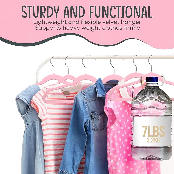 TechZoo 25 Premium Kids Velvet Hangers - 14" Non-Slip Clothes Hangers for Kids & Preteens - Ultra Slim, Space-Saving, Strong & Durable Hangers with 360° Swivel Hook - Pink - Image 7