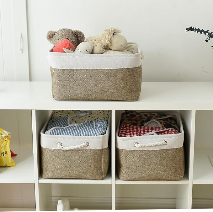 TheWarmHome Storage Basket for Organizing- 15.7x11.8x8.2 inch 1 Pack Fabric Storage Cubes for Shelves Organizer Book Gift Laundry Box Cloth Toy (Whiet & Khaki) - Image 2