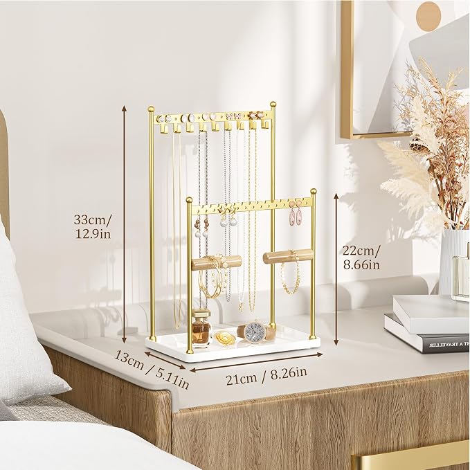 3 Tier Gold Jewelry Stand, Necklace Organizer, Earring Holder with 44 Holes and 9 Hooks, for Necklaces, Bracelets, Rings - Image 4