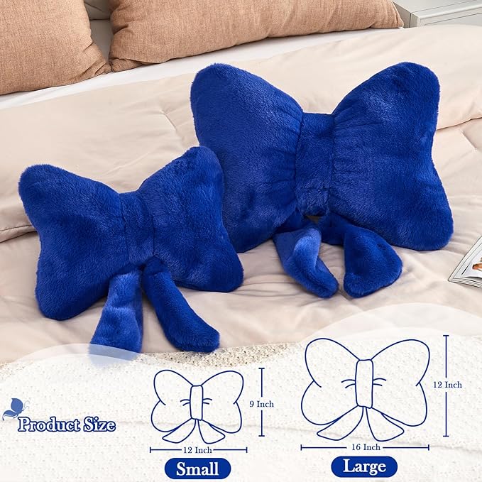 XVTRU Bow Pillow, Soft Bow Decorative Pillows with Faux Rabbit Fur, Cute Bow Throw Pillows, Aesthetic Home Decor Bow Shaped Plush Pillow for Bedroom Sofa Couch (Royal Blue, Large-16 Inch)