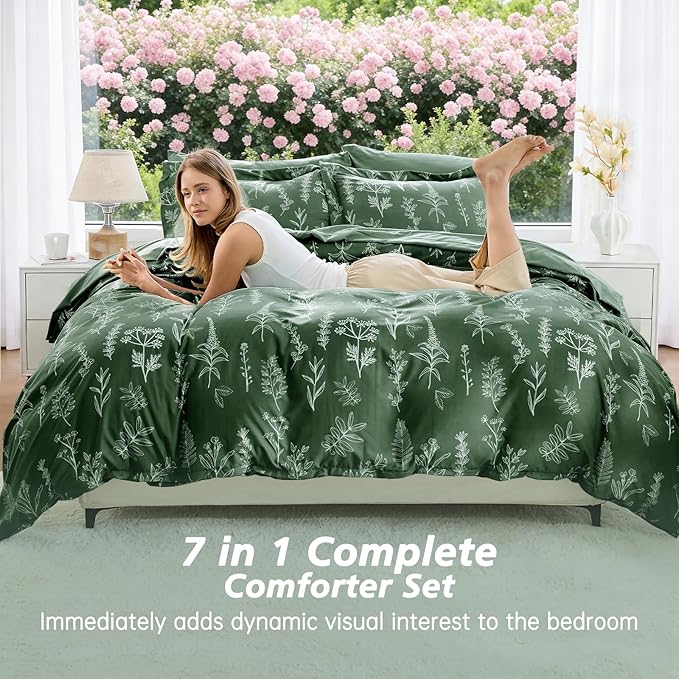 MUXHOMO Dark Green Full Comforter Set, Elegant Floral Print Bed in a Bag 7 Pieces, Ultra Soft & Breathable Reversible Botanical Pattern Bedding Set with Comforter, Sheets, Pillowcases, and Shams