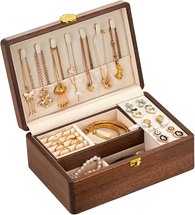 Wooden Jewelry Box For Women Jewelry Organizer Box With Lock 2 Layer Jewelry Holder Organizer For Necklace Ring Earring by KAOTGOT