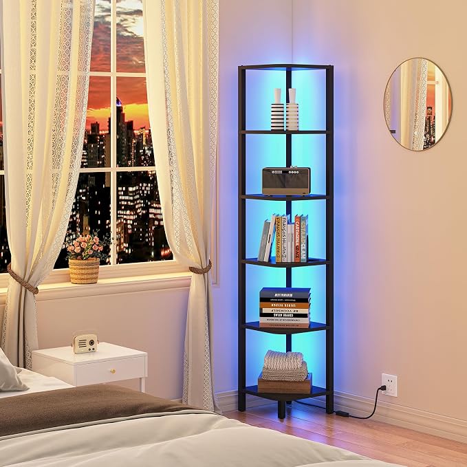TUTOTAK Corner Shelf with LED Light, 6-Tier Corner Bookshelf for Small Space, Narrow Display Corner Shelf Stand with Storage Rack, for Living Room, Bedroom, Black BS08BK006L by ChoosetutotakFurnitureBuildYourCozyHome