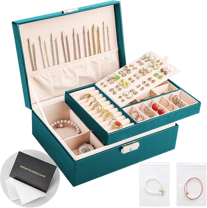 Jewelry Organizer Box Leather Jewelry Box for Girls Womens Earring Organizer with Lock Double Layers Jewelry Case Removable Tray for Necklace Earring Ring with Polishing Cloth and Jewelry Bags by SANIKEON