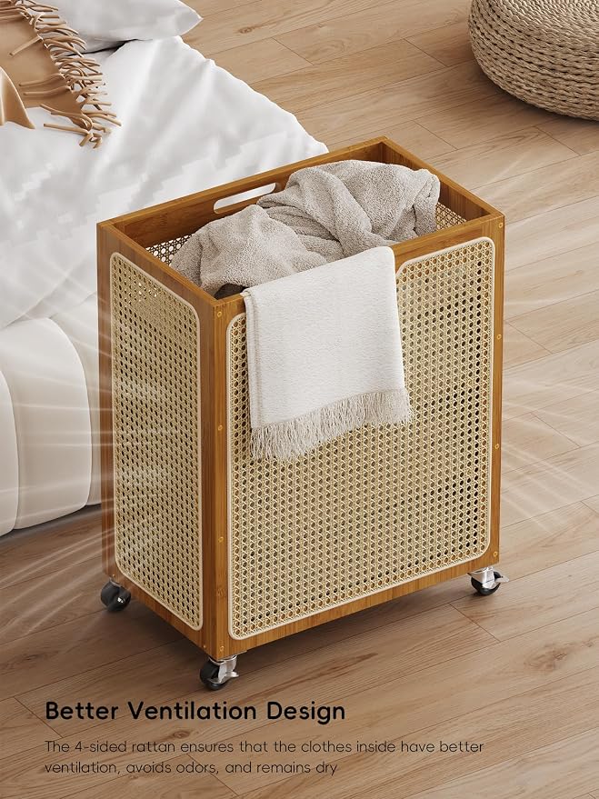Laundry Hamper with Wheels, Decorative Boho Rattan Laundry Baskets, 90L Large Bamboo Dirty Clothes Basket Organizer, Rolling Wicker Laundry Hampers for Bathroom,Bedroom - Image 8