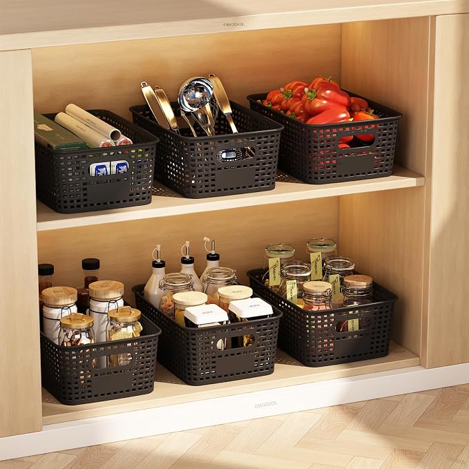 ORGIDOL Plastic Storage Basket with Lids 12 Pack Stackable Black Storage Bins Containers with Lid, Decorative Storage Boxes for Organizing Shelves, Drawers, Playroom, Classroom, Office, Closet - Image 8