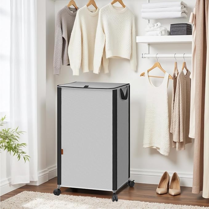 STORAGE MANIAC Rolling Laundry Hamper with Lid, 23.7 Gal (90 L) Large Tall Laundry Basket with Wheels & Handles, Aesthetic Dirty Clothes Hamper for Small Space, Dorm, Apartment, College, Gray - Image 7