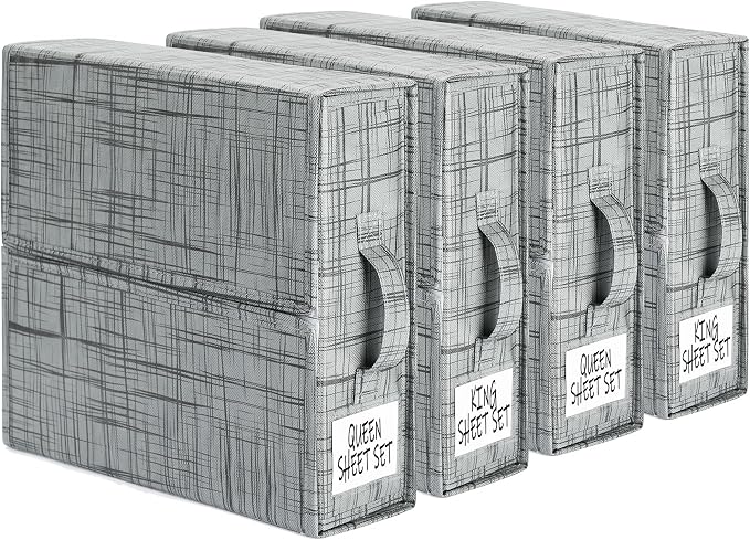 SUOCO SheetCube Bed Sheet Organizers and Storage 4 Pack, Foldable Linen Closet Organizer, Bedding Folder Storage Box Container for Blanket, Duvet Cover Set, Bed Sheet Set - Pattern Grey by SUOCO