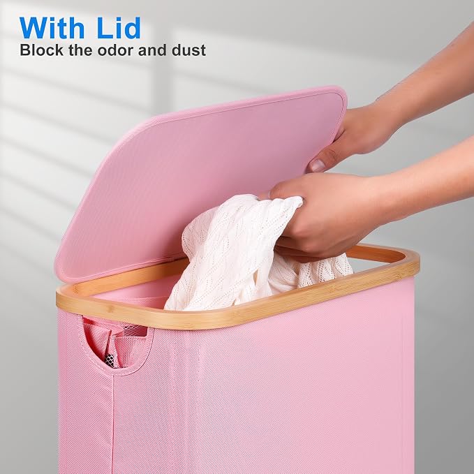 efluky Slim Laundry Basket with Lid, Narrow Laundry Hamper with Removable Bag, Skinny Dirty Clothes Basket with Bamboo Handles for Bathroom, Bedroom & Laundry Room, 63L Pink - Image 4