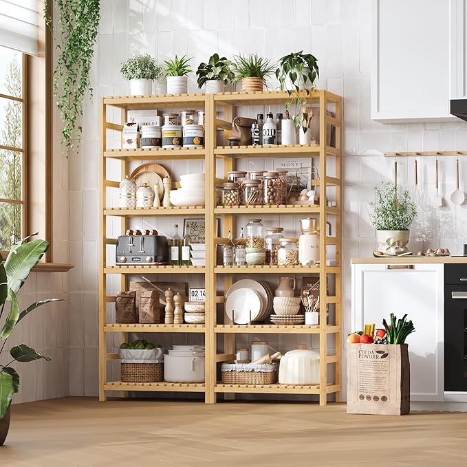FOTOSOK 6-Tier Bamboo Shelf, Bamboo Bookcase with Adjustable Shelves, Free Standing Storage Shelf Unit, Plant Flower Stand for Kitchen, Bathroom, Home Office, Natural - Image 4