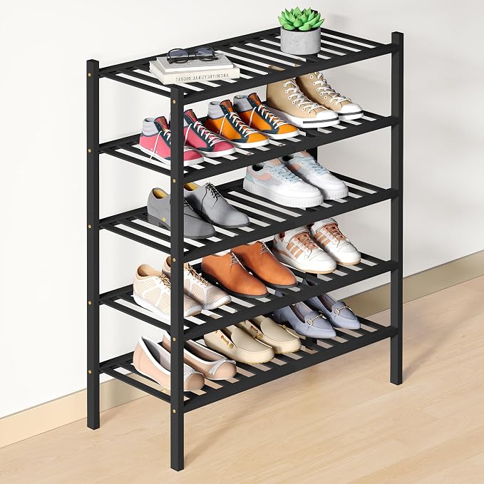 Smiry Bamboo Shoe Rack for Closet, 5 Tier Wooden Stackable Shoe Organizer, Free Standing Shoes Storage Shelf for Entryway, Front Door Entrance, Black by Smiry