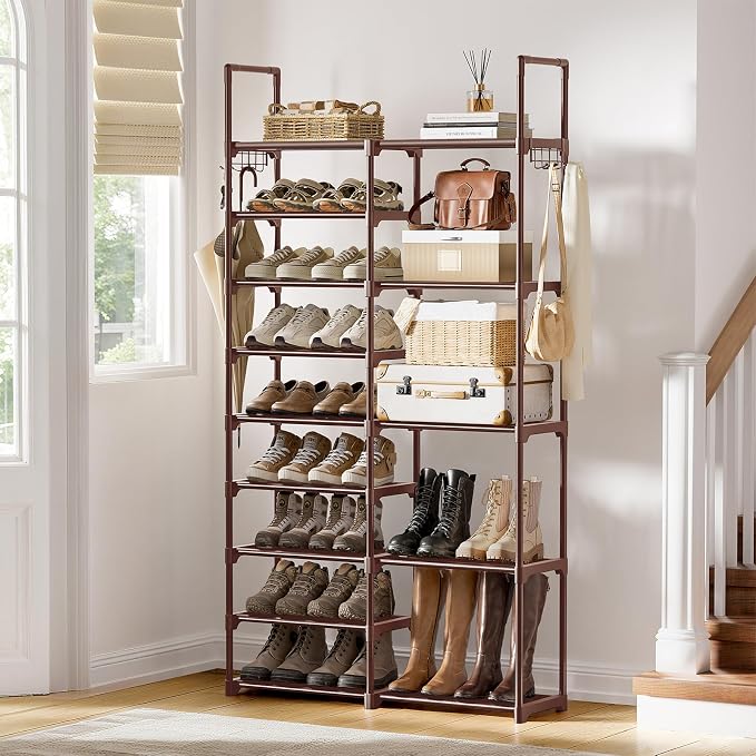 WOWLIVE 9 Tiers Large Shoe Rack Brown Shoe Rack Organizer for Closet 30-35 Pairs Stackable Heavy Duty Shoe Shelf Shoe Storage with Metal Pipes Plastic Connectors - Image 2