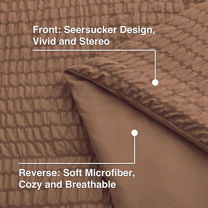 Love's cabin Seersucker Mocha Mousse Full Comforter Set, 7-Piece All Season Lightweight Bed in a Bag Bedding Set with Comforter, Flat Sheet, Fitted Sheet, Pillowcases and Shams | Soft, Breathable, Lightweight