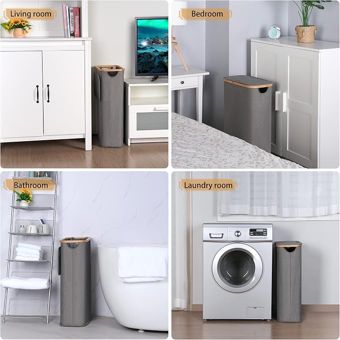 iEGrow 65L Slim Laundry Hamper, Narrow Laundry Basket with Lid,Foldable Clothes Hamper with Bamboo Handles,Hamper Basket with Removable Inner Bag for Laundry Room Bedroom College Dorm,17.17 Gals Grey - Image 6