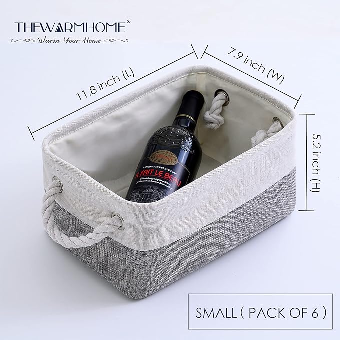 TheWarmHome Small Storage Baskets for Organizing,Storage Baskets for Shelves,Small Fabric Storage Bins W/Handles For Closet Nursery Toy Decorative Foldable (White&Grey, 11.8L*7.9W*5.2H-6 Pack) - Image 3