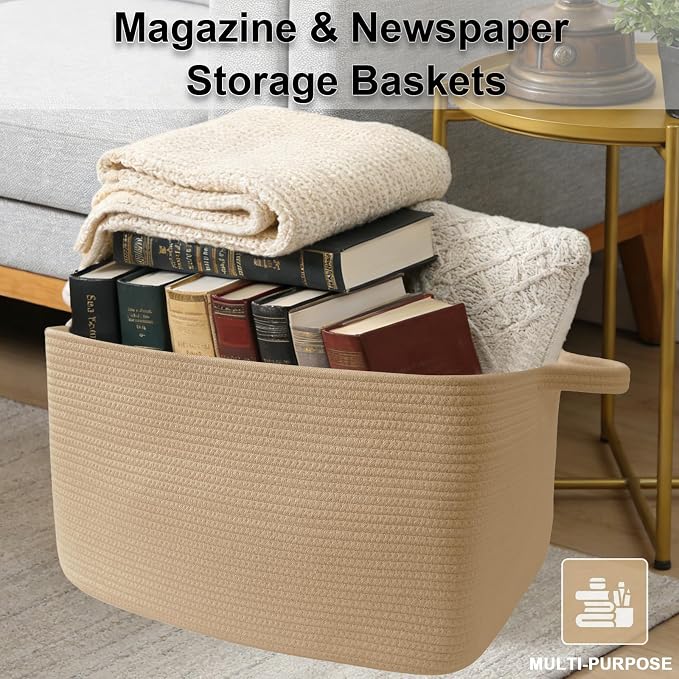 Large Blanket Basket,Woven Rope Basket Storage Bin with Handles,65L Rectangle Laundry Basket for Magazines,Toys,Clothes,Newspaper Shelf Organization,Nursery and Living Room,Jute - Image 5