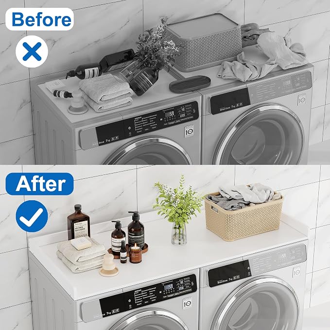 efluky Washer Dryer Countertop, Wood Countertop with Edge Rails for Laundry Room Organization and Storage, Washer Dryer Topper for Laundry Room, 27.5" x 54" White - Image 2